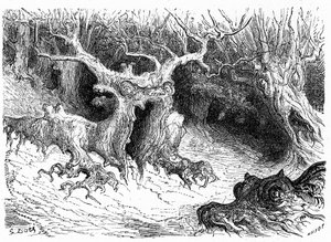 Faia monstruosa no vale de Ossau, árvores monstruosas antropomórficas. Gravura de Gustave Dore ilustrando o livro "Voyage aux Pyrenees d