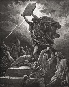 Moisés Quebrando as Tábuas da Lei, Êxodo 32:19, ilustração da "Bíblia Sagrada" de Dore, gravada por Hotelin, 1866 de Gustave Dore