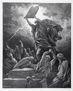 Moisés Quebrando as Tábuas da Lei, gravado por Hotelin, c.1868 de Gustave Dore