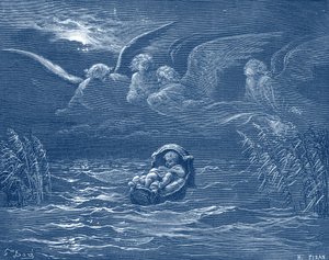 Moisés sobre o rio Nilo, gravura de Doré - Bíblia de Gustave Dore