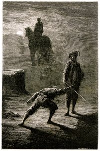 Duelo noturno ao luar entre o Barão de Sigognac e Jacquemin Lampourde, sob a estátua equestre do Rei de Bronze. Gravura de Gustave Dore ilustrando o romance de Theophile Gautier "Le capitaine Fracasse", edição Charpentier 1863. de Gustave Dore