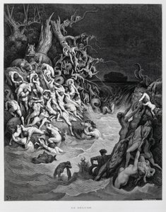 Noé e a sua arca escapam quando o grande dilúvio envolve a Terra, Ilustração da Bíblia de Dore de Gustave Dore