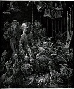 Na ilha de Sonnante, Panurge faz cantar os pássaros tocando os sinos - ilustração de Gustave Dore para as obras completas de François Rabelais - Livro Quinto - Pantagruel de Gustave Dore