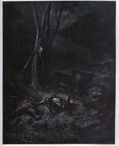 Um dos fugitivos, Gines de Passamont, rouba o burro de Sancho Panza durante o sono dos dois viajantes - de "Dom Quixote de la Mancha" de Miguel Cervantes (1547-1616) (Dom Quixote) - Lenhador após desenho de Gustave Dore de Gustave Dore