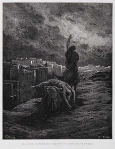 Indignado em Gibeá, o levita leva a sua concubina morta, Ilustração da Bíblia de Dore de Gustave Dore