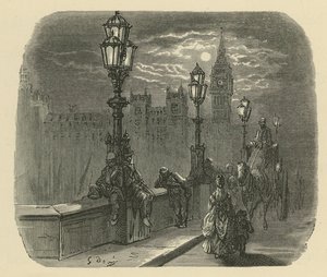 Pessoas e carruagens na ponte de Westminster de Gustave Dore