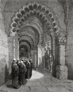 Procissão de donzelas chorando, de &39;Dom Quixote de la Mancha&39; por Miguel Cervantes, gravada por Heliodore Joseph Pisan, c.1875 de Gustave Dore