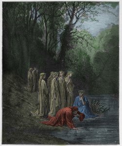 Purgatorio, Canto 33: Dante bebe do rio Eunoe, ilustração da "Divina Comédia" de Dante Alighieri, 1885 de Gustave Dore