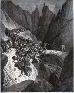 Recite des feats du chevalier Diego Garcia de Paredes - de "Don Quixote de la Mancha" de Miguel Cervantes (1547-1616) (Don Quixote) - Corte em madeira após desenho de Gustave Dore de Gustave Dore
