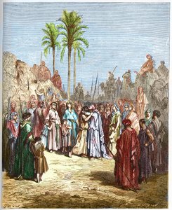 Reconciliação entre Jacó e Esaú - Reconciliação de Jacó e Esaú Genese, XXXIII, 4 - - Gravura de "A ilustração bíblica" de Gustave Dore (1832-1883) - Gravura de "A Bíblia Dore de Gustave Dore