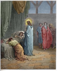 Ressurreição da filha de Jaire - Ressurreição da filha de Jairo (Jesus erguendo o daugter de Jairo) - Gravura em "A ilustração bíblica" de Gustave Dore (1832-1883) - Gravura de "A Bíblia Dore de Gustave Dore