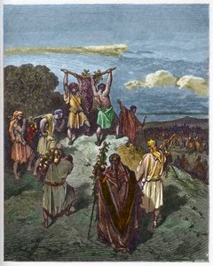 Regresso da terra de Canaã - O regresso de Josué e Calebe com um enorme cacho de uvas da terra de Canaã (Terra Prometida) - - Gravura em "A ilustração bíblica" de Gustave Dore (1832-1883) - Gravura em "A Bíblia Dore de Gustave Dore