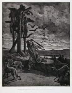 Rizpa impede que as bestas selvagens profanem os corpos dos seus filhos mortos, Ilustração da Bíblia de Dore de Gustave Dore