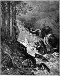 Ruggiero luta contra o monstro marinho (dragão) que ameaça Olímpia amarrado a uma árvore, bloqueia-lhe as mandíbulas com uma âncora e salva Olímpia (cântico 11, estrofe 37) - Gravura de Gustave Dore (1832-1883) ilustrando "O furioso Roland" (1878) de Ludov de Gustave Dore