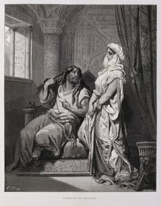 Sansão e Dalila, capítulo 16, do Livro dos Juízes, no Antigo Testamento, ilustração da Bíblia de Dore de Gustave Dore