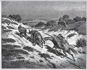 Sancho Panza, Dom Quixote e suas montarias após a derrota contra os Yangers - de "Dom Quixote de la Mancha" de Miguel Cervantes (1547-1616) (Dom Quixote) - Corte de madeira após desenho de Gustave Dore de Gustave Dore