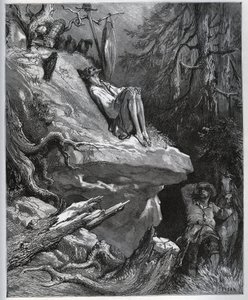 Sancho Panza encontra seu mestre, sempre em penitência - de "Dom Quixote de la Mancha" de Miguel Cervantes (1547-1616) (Dom Quixote) - Lenhador após desenho de Gustave Dore de Gustave Dore