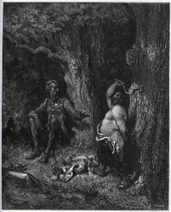 Sancho Panza voa na frente de Dom Quixote para satisfazer o desejo de Merlin e assim desencantar Dulcinee de Toboso. Dom Quixote o exorta a moderar os seus ardores - de "Dom Quixote de la Mancha" de Miguel Cervantes (1547-1616) (Dom Quixote) - Woodcut de Gustave Dore