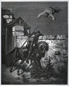 Sancho Panza é enganado, e Dom Quixote não pode intervir - de "Dom Quixote de la Mancha" de Miguel Cervantes (1547-1616) (Dom Quixote) - Lenhador após desenho de Gustave Dore de Gustave Dore