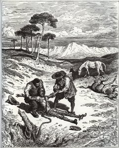 Sancho e o primo puxam Don Quijote (a dormir) da caverna de Montesinos - de "Don Quixote de la Mancha" de Miguel Cervantes (1547-1616) (Don Quixote) - Lenhador após desenho de Gustave Dore de Gustave Dore