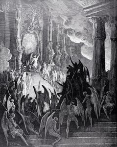 Satanás no Concílio, do Livro I de &39;Paraíso Perdido&39;, de John Milton (1608-74), gravado por stephane Pannemaker (1847-1930) c.1868 de Gustave Dore