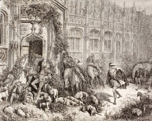 Cena da Bela Adormecida de Charles Perrault. De El Mundo Ilustrado, publicado em Barcelona, cerca de 1880. de Gustave Dore