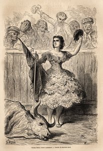 Cena de tourada: o triunfo de Teresa Bolsi, torrera andaluza, saudando a assembleia que o aclama em Sevilha. Esboço ao vivo de Gustave Dore (1832-1883). Gravura para ilustrar a viagem na Espanha, em 1862, de Charles Davillier e G de Gustave Dore