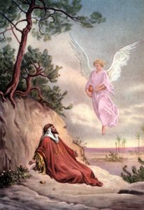 Conjunto de postais educativos bíblicos dos anos 50, realizados a partir das Belas Artes: aqui depois de "Elias salvo por um anjo" de Gustave Dore de Gustave Dore
