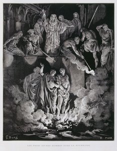 Sadraque, Mesaque e Abednego na fornalha ardente, ilustração da Bíblia de Dore de Gustave Dore