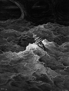 Navio no mar tempestuoso, cena de &39;The Rime of the Ancient Mariner&39; por ST Coleridge, por ST Coleridge, publicado pela Harper und Brothers, Nova York, 1876 (gravura em madeira) de Gustave Dore