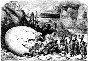Sindbad, o marinheiro (Sinbad) - conto das mil e uma (1001) noites - ilustração de Gustave Dore - edição Maxwell 1865 - Quinta viagem: os mercadores que acompanham Sindbad partem a casca de um ovo gigantesco da ave gigante Roc para extrair um enorme bebé de Gustave Dore