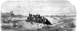 Sindbad, o marinheiro (Sinbad) - conto das mil e uma (1001) noites - ilustração de Gustave Dore - edição Maxwell 1865 - Terceira viagem: Sindbad e os seus companheiros navegam a bordo de uma jangada de Gustave Dore