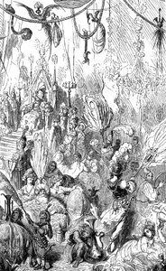 Sindbad, o marinheiro (Sinbad) - conto das mil e uma (1001) noites - ilustração de Gustave Dore - edição Maxwell 1865 - Sexta viagem - esta gravura pode representar a corte do rei de Serendib ou a do califa Haroun al-Rashid (Harun al de Gustave Dore