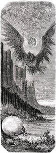 Sindbad, o marinheiro (Sinbad) - conto das mil e uma (1001) noites - ilustração de Gustave Dore - edição Maxwell 1865 - Segunda viagem: Sindbad, tendo descoberto numa ilha um enorme ovo do gigantesco pássaro Roc, é atacado por este pássaro gigante - de Gustave Dore