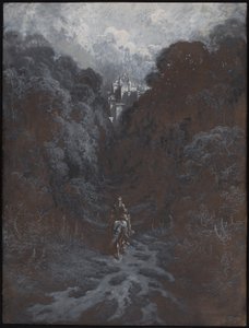 Sir Lancelot aproxima-se do Castelo de Astolat de Gustave Dore