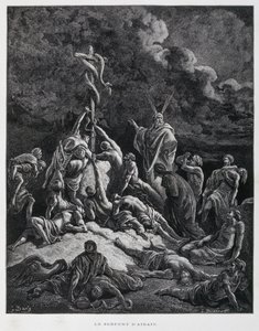 Então Moisés fez uma serpente de bronze e colocou-a num poste. Números 21:7, Ilustração da Bíblia de Dore de Gustave Dore