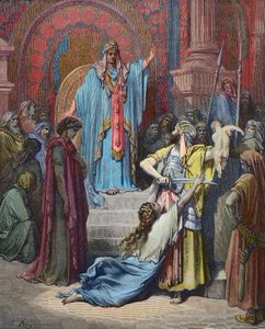 Julgamento de Salomão - Solomon faz o julgamento para dividir o bebê entre os dois requerentes - Gravura de Gustave Dore (1832 - 1883) - coloração posterior de Gustave Dore