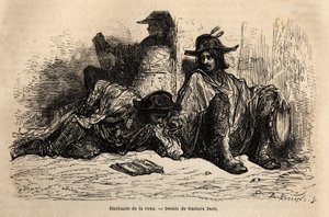 Estudantes de atum (ou tunantes) no distrito da Universidade de Alcalá de Henares, a peculiaridade destes estudantes que adotaram a vida ociosa, livre e errante é não estudar, esboçar ao vivo por Gustave Dore. Gravura para ilustrar a viagem de Gustave Dore