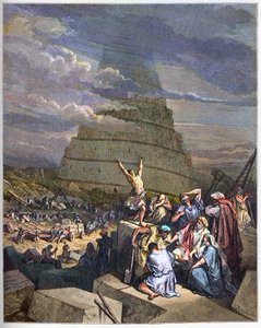 TOWER OF BABEL - A Torre de Babel ilustração de Gênesis e confusão linguística por Yahve. À direita, o Rei Nimrud (ou Nimrod, Nemrod) discute com os arquitetos - gravura em "A ilustração bíblica" de Gustave Dore (1832-1883) - gravura de "Th de Gustave Dore