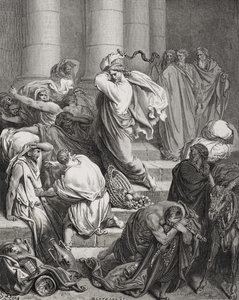 Os compradores e vendedores expulsos do templo, Lucas 19: 45-46, ilustração da "Bíblia Sagrada" de Dore, gravada por Bertrands, 1866 de Gustave Dore