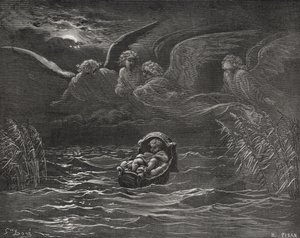 O Menino Moisés no Nilo, Êxodo 2: 1-4, ilustração da "Bíblia Sagrada" de Dore, gravada por H.Pisan, 1866 de Gustave Dore