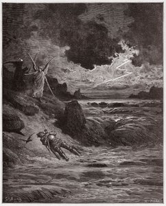 A Divina Comédia (La Divina Comedia, La Divina Comedie), Purgatorio, Canto 5: O corpo de Buonconte da Montefeltro no Arno - por Dante Alighieri (1265-1321) - Ilustração de Gustave Dore (1832-1883) de Gustave Dore