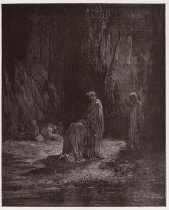 A Divina Comédia (La Divina Comedia, La Divina Comédia), Purgatorio, Canto 7: O poeta Sordello, espantado, ajoelha-se perante Virgílio - por Dante Alighieri (1265-1321) - Ilustração de Gustave Dore (1832-1883) de Gustave Dore