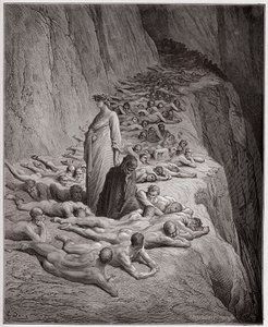 A Divina Comédia (La Divina Comedy, La Divine Comedie), Purgatorio, Canto 19: As almas dos avarentos: Adrian V fala a Dante - por Dante Alighieri (1265-1321) - Ilustração de Gustave Dore (1832-1883) de Gustave Dore
