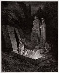 A Divina Comédia (La Divina Commedia, La Divina Comédia), Inferno, Canto 10: Farinata degli Uberti aborda Dante - de Dante Alighieri (1265-1321) - Ilustração de Gustave Dore (1832-1883) de Gustave Dore