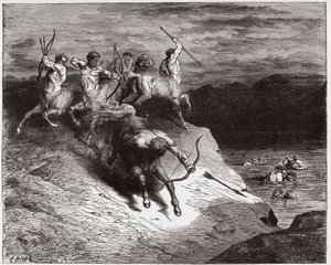 A Divina Comédia (La Divina Commedia, La Divina Comédia), Inferno, Canto 12: Os centauros atacam as almas em sangue fervente - por Dante Alighieri (1265-1321) - Ilustração de Gustave Dore (1832-1883) de Gustave Dore