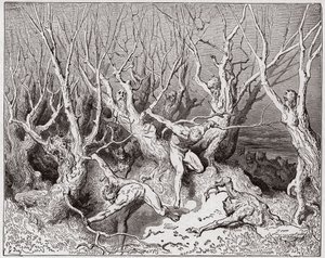 A Divina Comédia (La Divina Commedia, La Divina Comédia), Inferno, Canto 13: Os suicidas fogem da floresta - por Dante Alighieri (1265-1321) - Ilustração de Gustave Dore (1832-1883) de Gustave Dore
