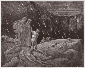 A Divina Comédia (La Divina Commedia, La Divina Comédia), Inferno, Canto 15: Brunetto Latini acostuma Dante - por Dante Alighieri (1265-1321) - Ilustração de Gustave Dore (1832-1883) de Gustave Dore