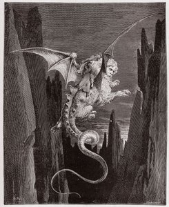 A Divina Comédia (La Divina Commedia, La Divina Comédia), Inferno, Canto 17: A descida ao abismo nas costas de Geryon - por Dante Alighieri (1265-1321) - Ilustração de Gustave Dore (1832-1883) de Gustave Dore