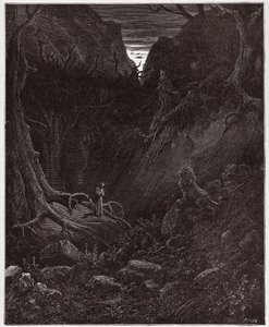 A Divina Comédia (La Divina Commedia, La Divina Comédia), Inferno, Canto 1: O leão de repente enfrenta Dante - por Dante Alighieri (1265-1321) - Ilustração de Gustave Dore (1832-1883) de Gustave Dore